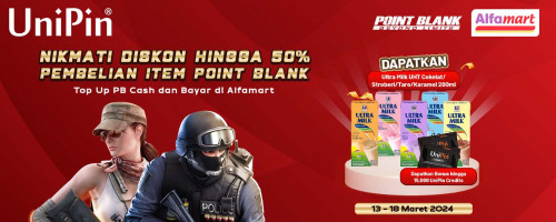 Diskon hingga 50% Beli Item Point Blank – Top Up PB Cash di UniPin dan Bayar di Alfamart, Gratis Ultra Milk + Bonus hingga 15,000